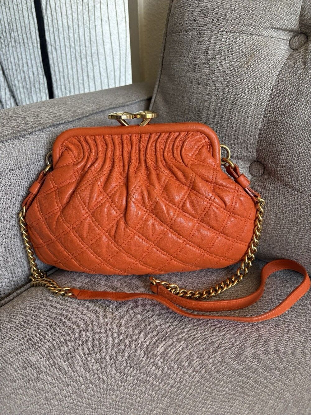 MARC JACOBS Classic Quilted Stam Orange Leather Satchel Crossbody Bag Purse